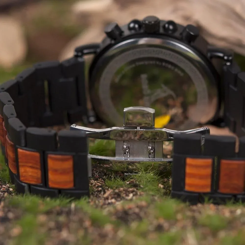 Men's Red Wood Stainless Steel Combined Chronograph Military Quartz Watches